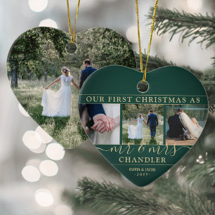 4 Photo Mr & Mrs 1st Christmas Green & Gold Heart Ceramic Ornament