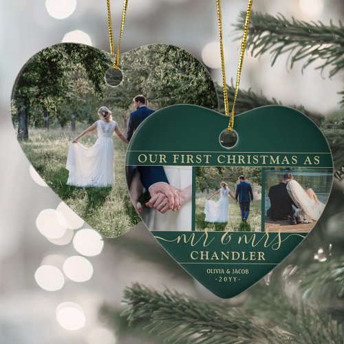 4 Photo Mr  Mrs 1st Christmas Green  Gold Heart Ceramic Ornament