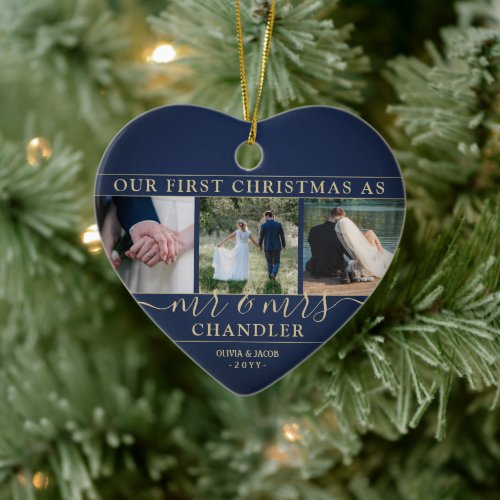 4 Photo Mr  Mrs 1st Christmas Navy and Gold Heart Ceramic Ornament