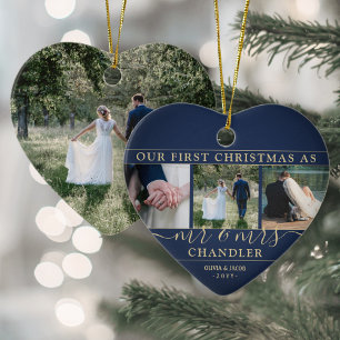 4 Photo Mr & Mrs 1st Christmas Navy and Gold Heart Ceramic Ornament