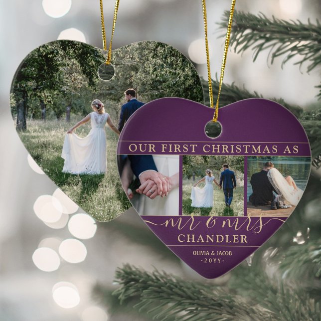 4 Photo Mr & Mrs 1st Christmas Plum Purple Heart Ceramic Ornament (Creator Uploaded)