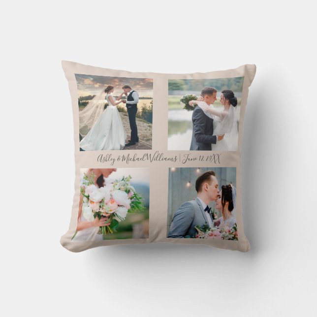 4 Photo Name Date Photo Collage Wedding Keepsake Throw Pillow (Front)