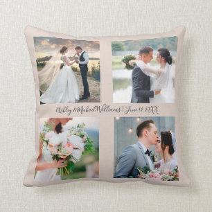 4 Photo Name Date Photo Collage Wedding Keepsake Throw Pillow