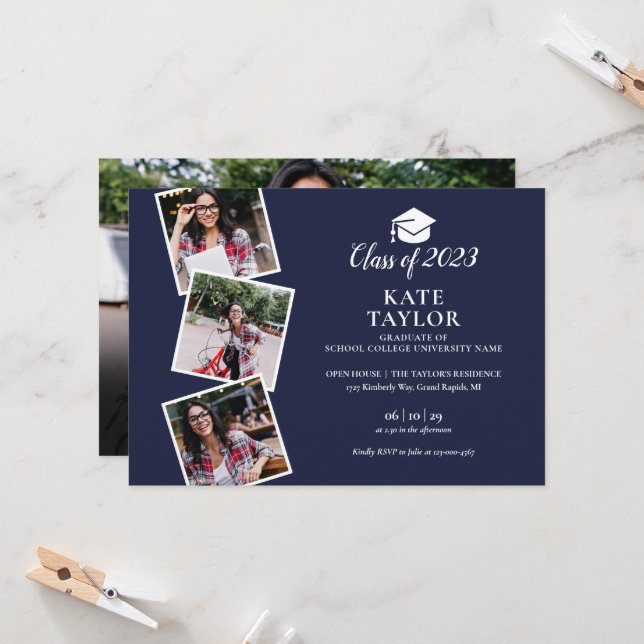 4 Photo Navy Blue Graduation Party Invitation (Front/Back In Situ)