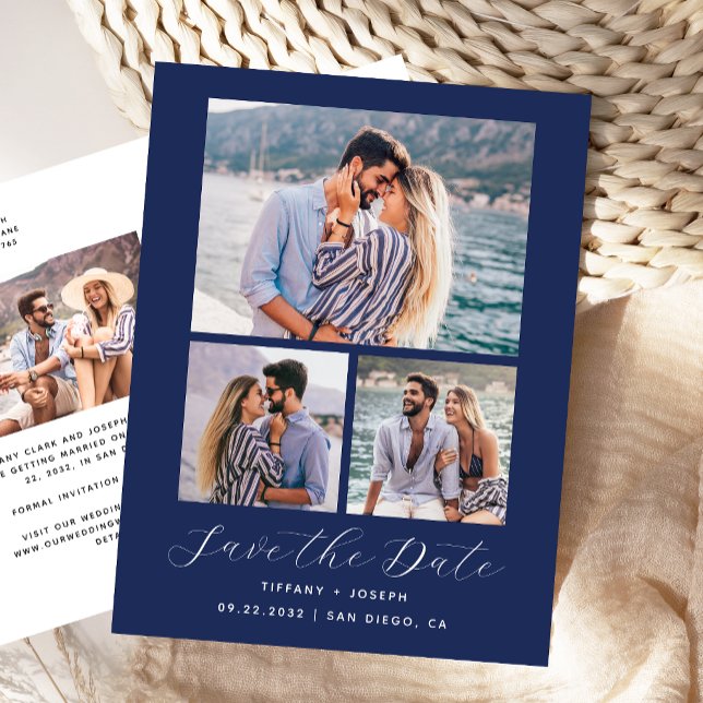 4 Photo Navy Blue Save the Date Postcard (Creator Uploaded)