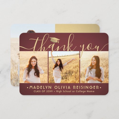 4 Photo New Address Burgundy Red Gold Graduation Thank You Card