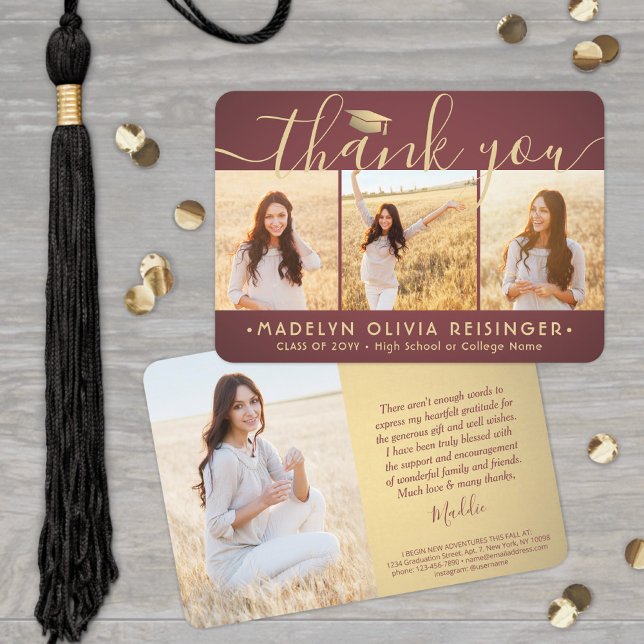 4 Photo New Address Burgundy Red Gold Graduation Thank You Card (Creator Uploaded)