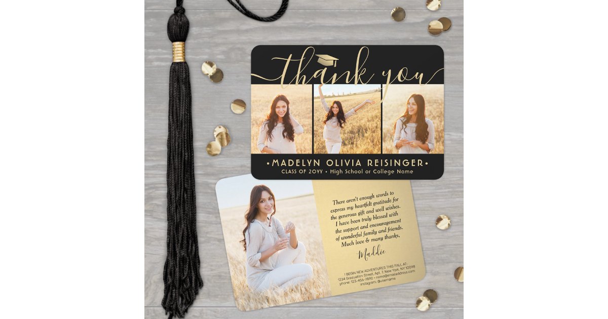 4 Photo New Address Modern Black & Gold Graduation Thank You Card | Zazzle