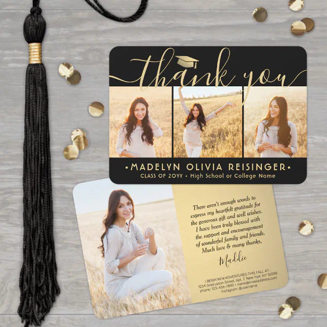 4 Photo New Address Modern Black & Gold Graduation Thank You Card | Zazzle