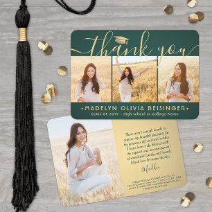 4 Photo New Address Modern Green Gold Graduation Thank You Card