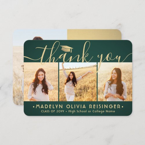 4 Photo New Address Modern Green Gold Graduation Thank You Card