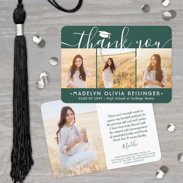 4 Photo New Address Modern Green White Graduation Thank You Card (Creator Uploaded)
