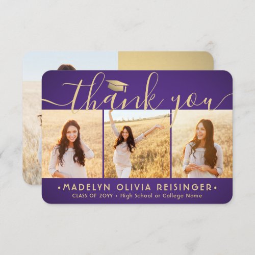 4 Photo New Address Modern Purple Gold Graduation Thank You Card