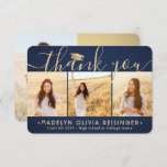 4 Photo New Address Navy Blue and Gold Graduation Thank You Card