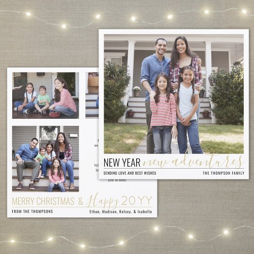 4 Photo New Year New Adventures Black White  Gold Holiday Card