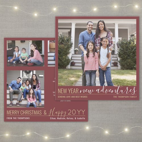 4 Photo New Year New Adventures Burgundy Red Gold Holiday Card