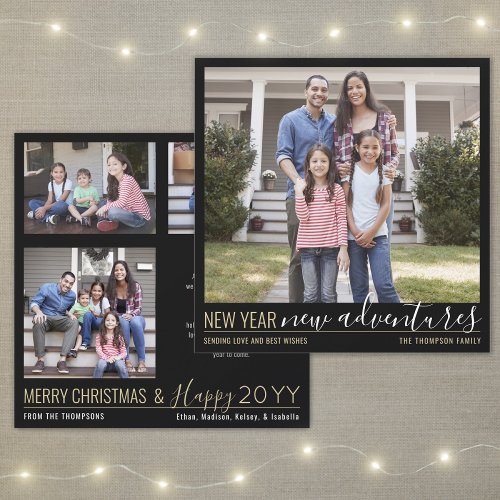 4 Photo New Year New Adventures Modern Black Gold Holiday Card