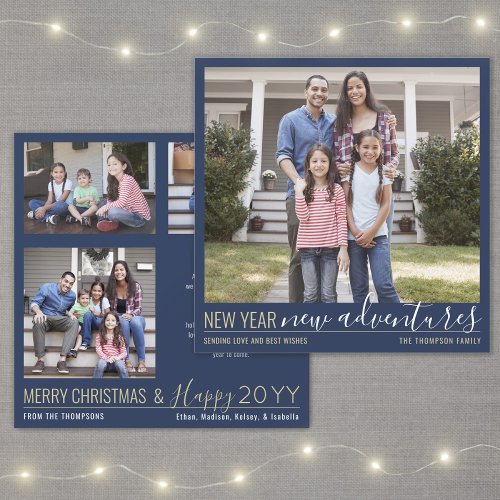 4 Photo New Year New Adventures Navy Blue  Gold Holiday Card