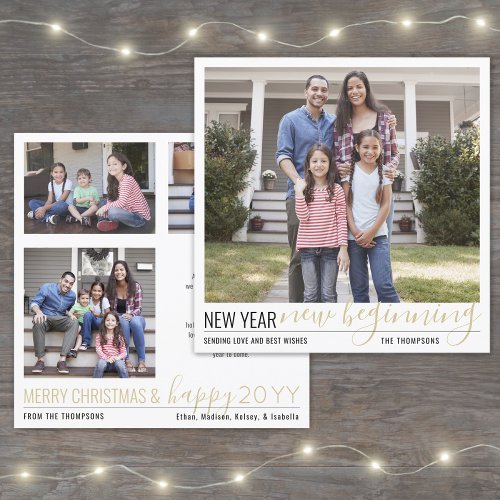 4 Photo New Year New Beginning Simple Script Gold Holiday Card