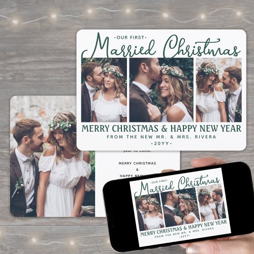 4 Photo Newlyweds 1st Married Christmas Green Holiday Card