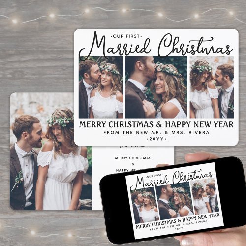 4 Photo Newlyweds 1st Married Christmas White Holiday Card