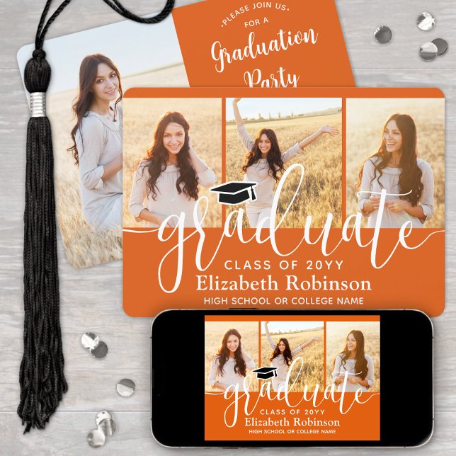 4 Photo Orange and White Script Graduation Party Invitation (Creator Uploaded)