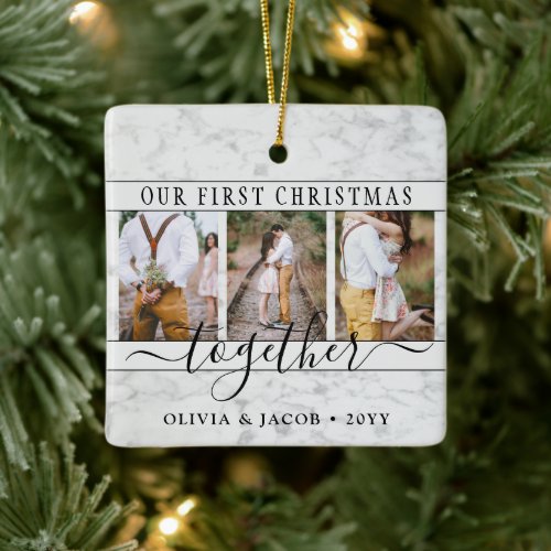 4 Photo Our First Christmas Together Faux Marble Ceramic Ornament - Celebrate the joyful 1st holiday of your relationship or engagement with a custom 4 photo collage "Our First Christmas Together" square faux marble ceramic ornament. All text and images on this template are simple to personalize. (IMAGE PLACEMENT TIP: An easy way to center a photo exactly how you want is to crop it before uploading to the Zazzle website.) As an idea, the script typography can read "Engaged" or "Married." Design features a stylish black and white faux marble border, handwritten style calligraphy, the couple's names & year, and four pictures of your choice. This unique romantic keepsake adds an elegant touch to Xmas home decorations or makes a thoughtful wedding gift idea.