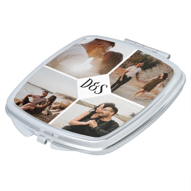 4 Photo Personalized Collage Monogrammed Compact Mirror (Turned)