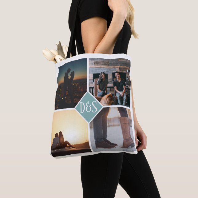 4 Photo Personalized Collage Monogrammed Tote Bag (Close Up)