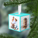 4 Photo Personalized Family Beach Christmas Cube Ornament<br><div class="desc">Preserve your family memories of a special beach vacation with this aqua blue 4 photo holiday photo cube ornament. On the top is a glitter coral piece, sand dollar, and starfish, with “Merry Christmas” and your family name. *If you would like this design on more products or need design help,...</div>