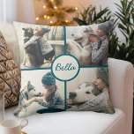 4 Photo Pet Dog Personalized with Name Throw Pillow<br><div class="desc">Show off 4 of your favorite dog photos with this custom photo-template accent pillow. It features for square shaped photos of your dog and a text template to personalize with their name. Accented with teal grid and pet name, the back of the pillow is a solid teal color. It's a...</div>