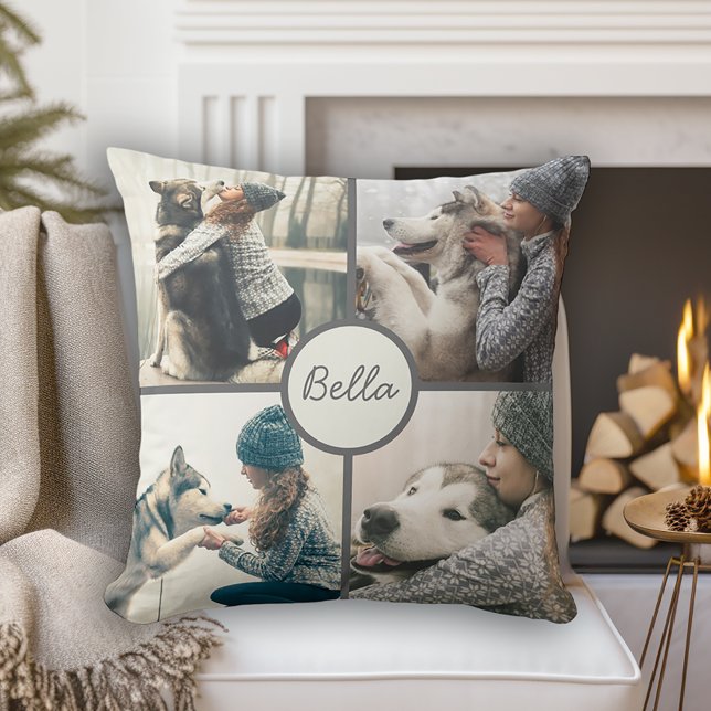 4 Photo Pet Dog Personalized with Name Throw Pillow (Personalize with 4 photos of your dog and their name.)