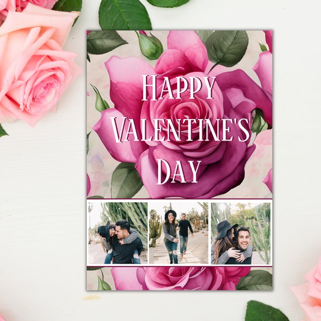 4 Photo Pink Roses Love Floral Valentine's Day Holiday Card (Creator Uploaded)