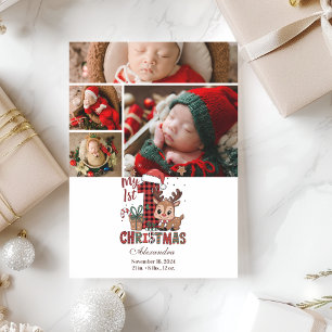 4 Photo Plaid Reindeer First Christmas Holiday Card