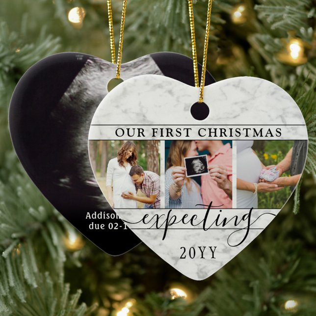 4 Photo Pregnancy 1st Christmas Faux Marble Heart Ceramic Ornament (Creator Uploaded)