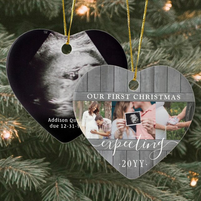 4 Photo Pregnancy 1st Xmas Gray Faux Wood Heart Ceramic Ornament (Creator Uploaded)