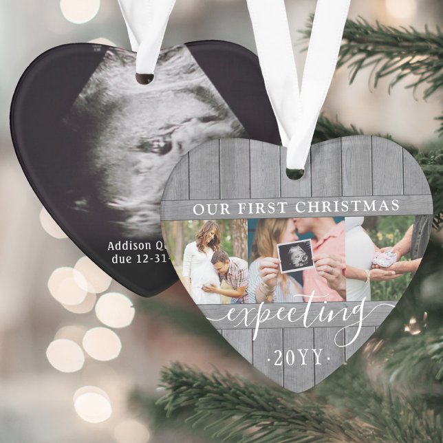 4 Photo Pregnancy 1st Xmas Gray Faux Wood Heart Ornament (Creator Uploaded)