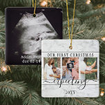 4 Photo Pregnancy New Parents 1st Xmas Expecting Ceramic Ornament<br><div class="desc">Celebrate the precious gift of your newest family member with a stylish four photo collage square ceramic ornament. Gender neutral design with faux marble border is suitable for a new baby boy or girl. Wording and pictures on this template are simple to personalize. (IMAGE PLACEMENT TIP: An easy way to...</div>