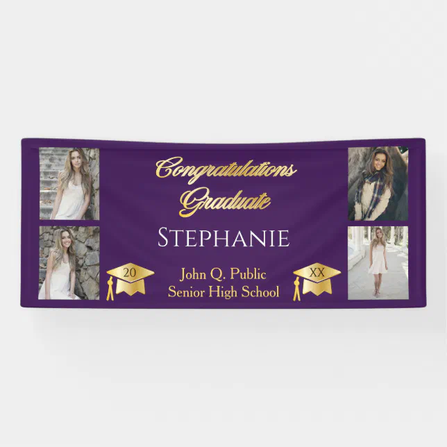 4 Photo Purple Gold Congrats Graduate Name School Banner | Zazzle