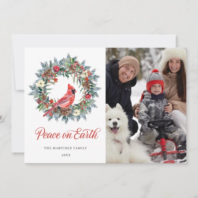 4 PHOTO Red Cardinal Christmas Wreath Holiday Card (Front)