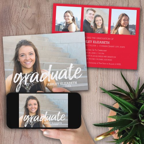 4 Photo Red Graduation Announce and Party Invitation