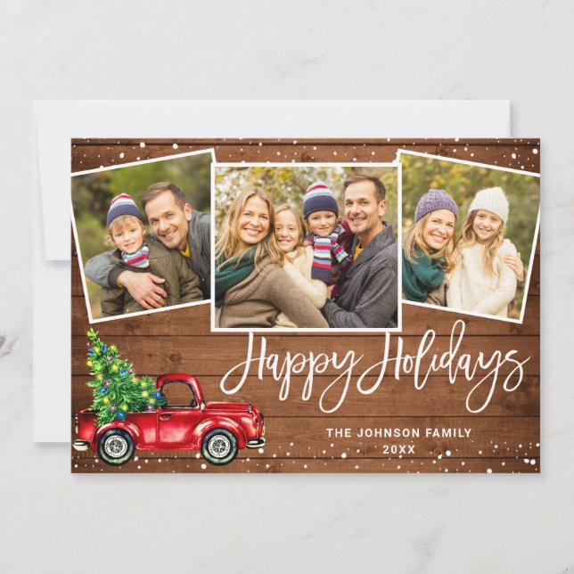 4 PHOTO Retro Christmas Red Truck Rustic Greeting Holiday Card (Front)