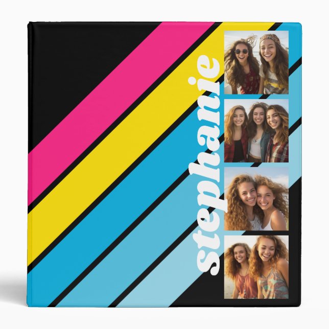 4 Photo Retro stripe pattern cmyk script name 3 Ring Binder (Front)