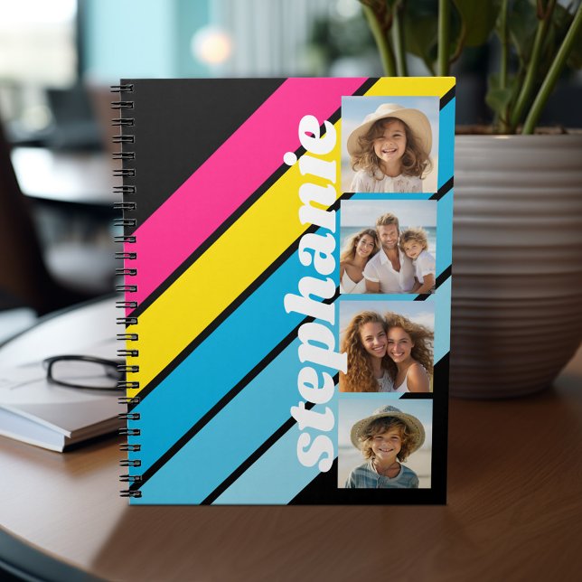 4 Photo Retro stripe pattern cmyk script name Notebook (Photo Notebook - Custom Cover)
