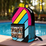 4 Photo Retro stripe pattern cmyk with name Printed Backpack<br><div class="desc">A retro stripe pattern with art inspired colors and a minimal pattern.  Add your favorite photos to this fun memory keeper. The large stripes running diagonal are a funky cmyk combination with bright colors. An artistic way to display your best photo sharing pics.</div>