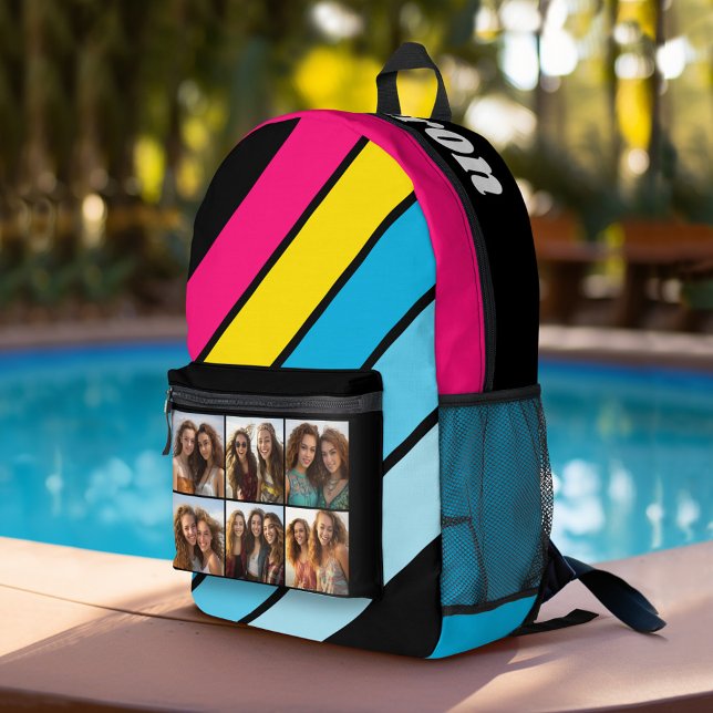4 Photo Retro stripe pattern cmyk with name Printed Backpack (Personalized Backpack with Retro Stripes and 6 Photos - Add Custom Name)