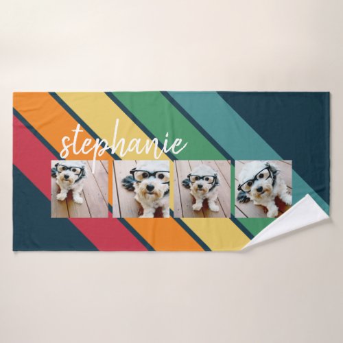 4 Photo Retro stripe pattern rainbow script name Bath Towel