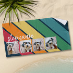4 Photo Retro stripe pattern rainbow script name Beach Towel<br><div class="desc">Add your favorite photos to this film strip for a fun memory keeper. An artistic way to display your best photo sharing pics. A retro rainbow with 70s inspired colors and a minimal pattern. The green, blue, yellow, orange and red colors can be changed. The large stripes running diagonal makes...</div>