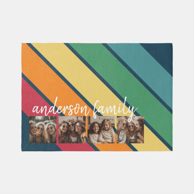4 Photo Retro stripe pattern rainbow script name Rug (Front)