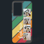 4 Photo Retro stripe pattern rainbow - Script Name Samsung Galaxy S21  Case<br><div class="desc">Add 4 photos to this film strip design with a colorful background. A colorful, retro stripe design with a dark grey background. The stripes are red, orange, yellow, green and a light blue. Add your name or monogram to make this a personal case that will stand out amongst your friends....</div>